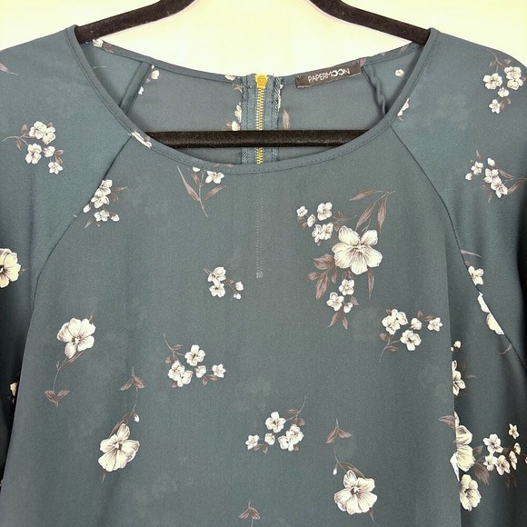 Papermoon Floral Blouse Large Dark Teal Scoop Neck 3/4 Sleeve Tie Cuff Top - Picture 2 of 14